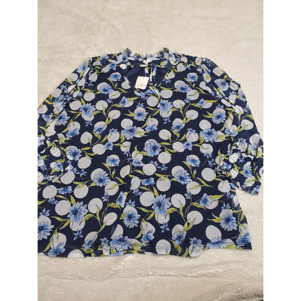 NWT Cato Navy Blue‎ White Floral Sheer Top Blouse Large Stretch Office Classic